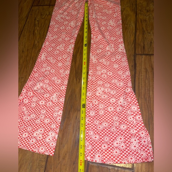 Zara Orange Pink Checkered Daisy Flower Size Small Flare Pants Women hippie boho - Picture 6 of 8